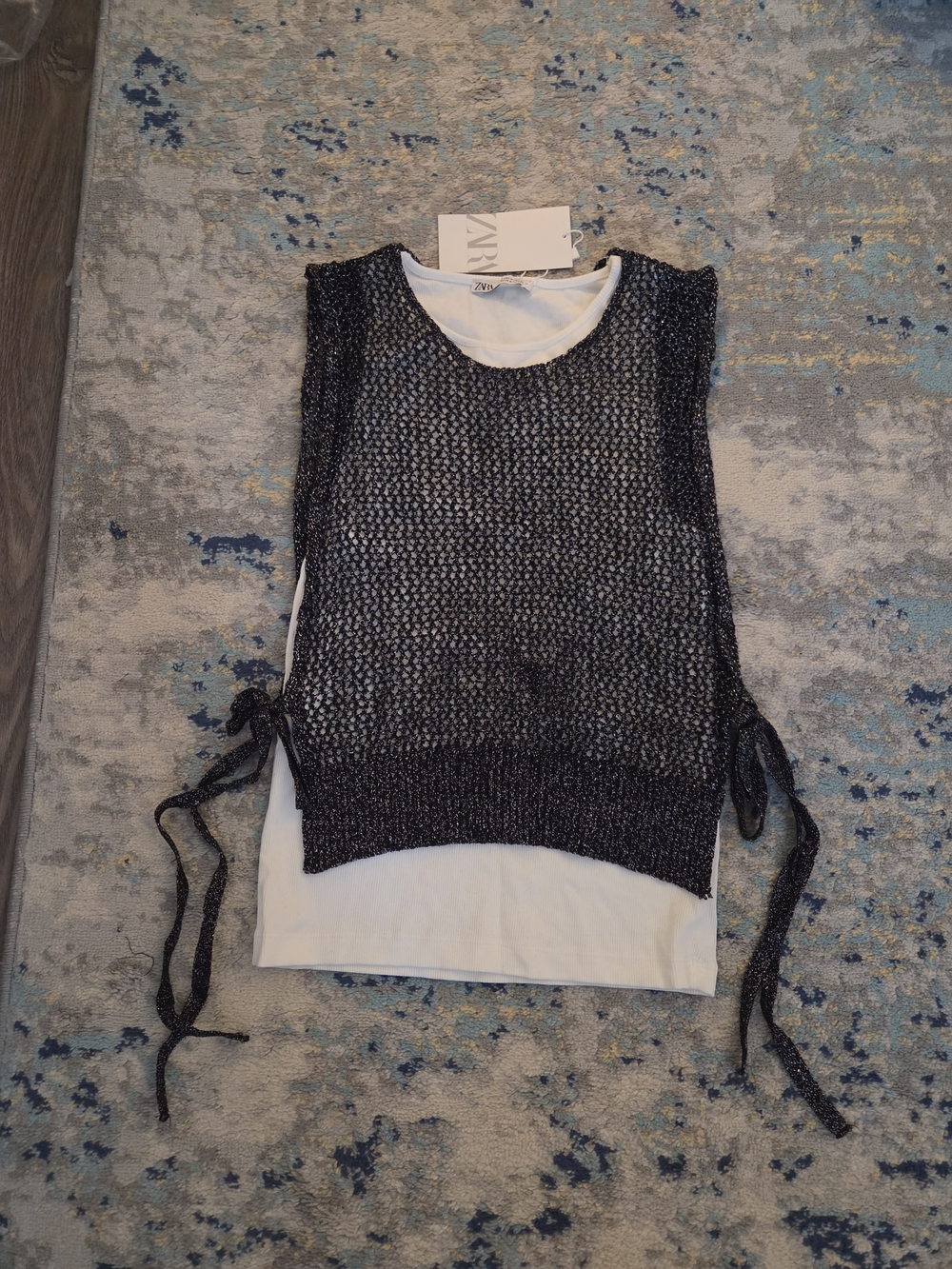 Zara Black Metallic Knit Layered Tank Top